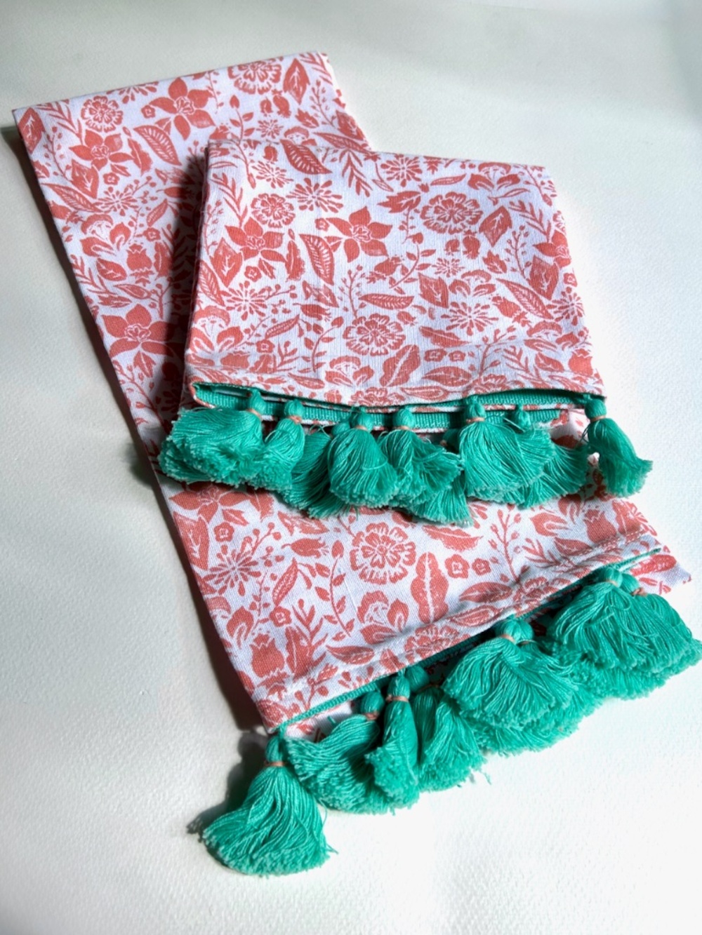 Pair of White & Coral Floral, Teal Tasseled Cotton Dish Towels